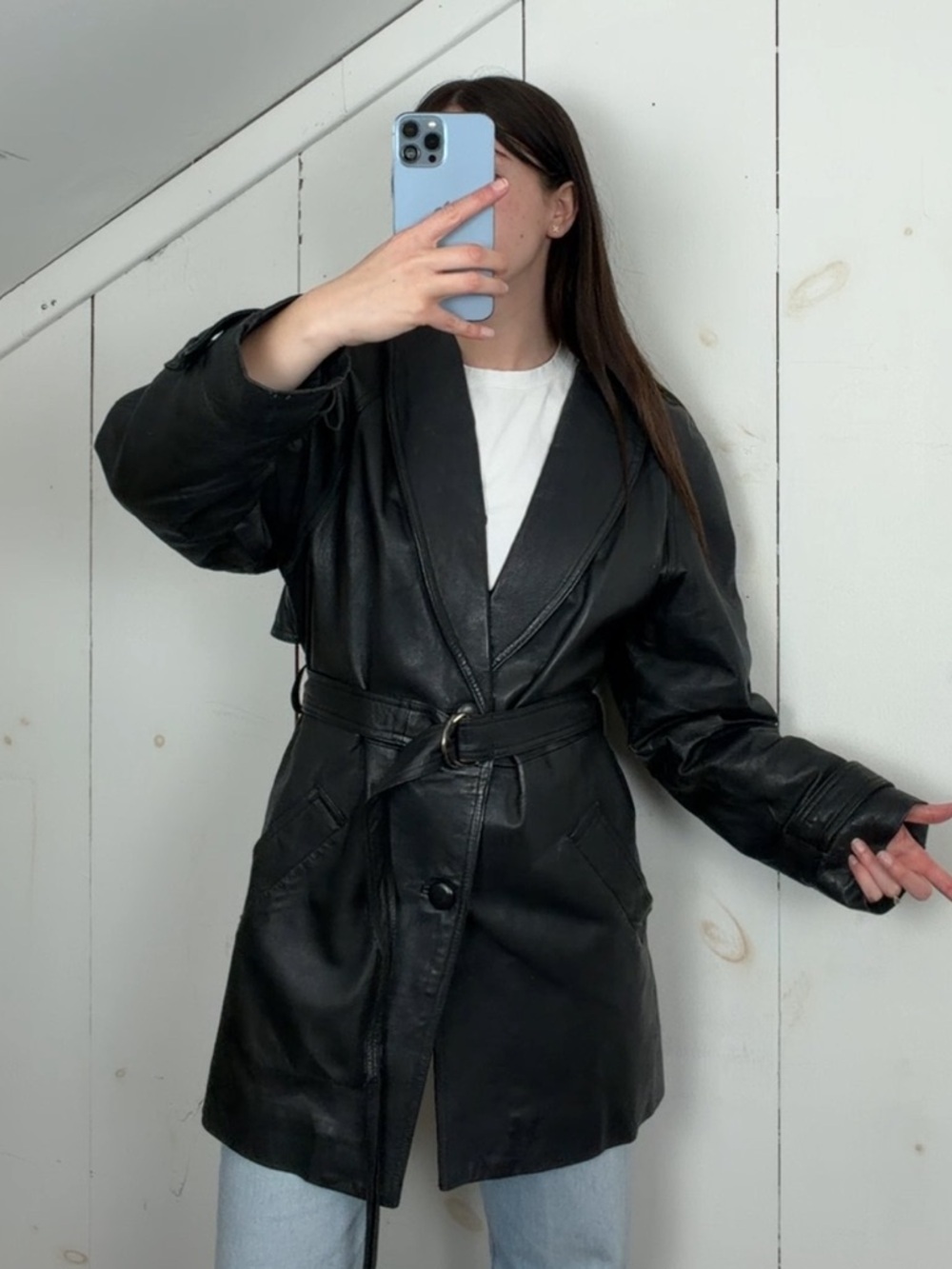 Vintage Liz Baker Black Leather Mid Length Belted Trench Coat Women’s Medium Y2K